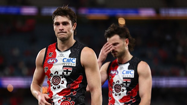 A disappointed Jack Steele and Jack Sinclair of the Saints.
