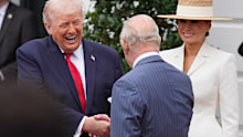 President Donald Trump and first lady Melania Trump greet Britain's King Charles III and Queen Camilla during a State Visit arrival ceremony on the South Lawn of the White House, Tuesday, April 28, 2026, in Washington. (AP Photo/Mark Schiefelbein)