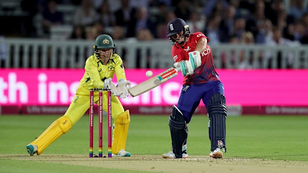 Alice Capsey of England plays the ball to the boundary during the Women's Ashes 3rd Vitality IT20 match between England and Australia at Lord's Cricket Ground on July 08, 2023 in London, England. (Photo by David Rogers/Getty Images)
