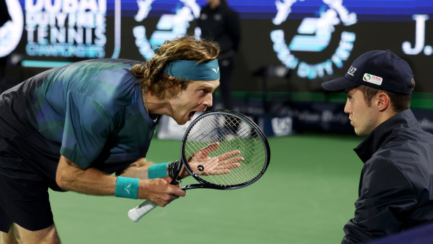 Andrey Rublev shouts at line judge while playing against Alexander Bublik of Kazakhstan in their semifinal match during the Dubai Duty Free Tennis Championships at Dubai Duty Free Tennis Stadium on March 01, 2024 in Dubai, United Arab Emirates. (Photo by Christopher Pike/Getty Images)