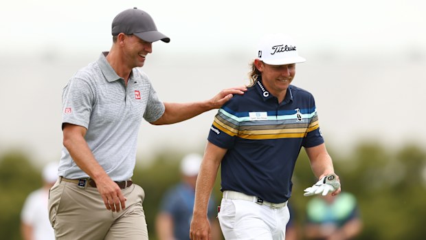 Adam Scott and Cameron Smith talk during day one of the 2022 Australian PGA Championship at the Royal Queensland Golf Club. (Photo by Chris Hyde/Getty Images)