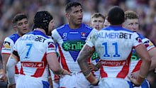 Daniel Saifiti of the Knights looks on during the round 19 NRL match between the Manly Sea Eagles and the Newcastle Knights.