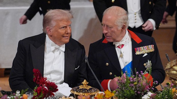 WINDSOR, ENGLAND - SEPTEMBER 17: US President Donald Trump and King Charles III during a State Banquet at Windsor Castle for the State visit by the President of the United States of America on September 17, 2025 in Windsor, England. President Trump is in England from Sept. 16-18 on his second UK state visit, with the previous one taking place in 2019 during his first presidential term. (Photo by Yui Mok - WPA Pool/Getty Images)