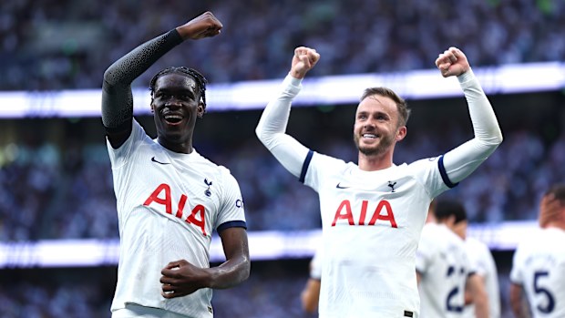 Yves Bissouma and James Maddison of Tottenham Hotspur celebrates their teams second goal during the Premier League match between Tottenham Hotspur and Manchester United at Tottenham Hotspur Stadium on August 19, 2023 in London, England. (Photo by Chloe Knott - Danehouse/Getty Images)