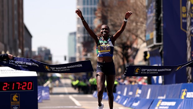 Sharon Lokedi of Kenya crosses the finish line to win the 129th Boston Marathon Women's division on April 21, 2025 in Boston, Massachusetts.
