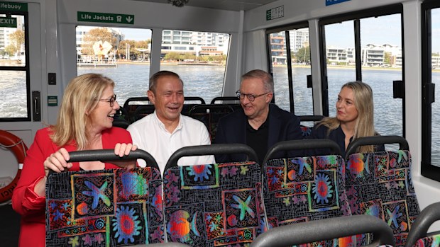 WA Deputy Premier Rita Saffioti, WA Premier Roger Cook, Prime Minister Anthony Albanese and Jodie Haydon during a ferry ride on the Swan River in Perth.