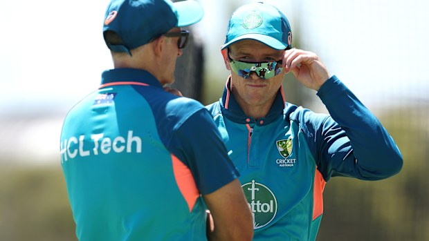 PERTH, AUSTRALIA - DECEMBER 13: George Bailey (Australian Chairman of selectors) talks with Mike Hussey during an Australian nets session at Optus Stadium on December 13, 2023 in Perth, Australia. (Photo by Paul Kane/Getty Images)