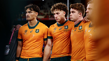 From left: Jordan Petaia, Mark Nawaqanitawase and Andrew Kellaway of Australia pictured after the Wallabies' 40-6 defeat to Wales.