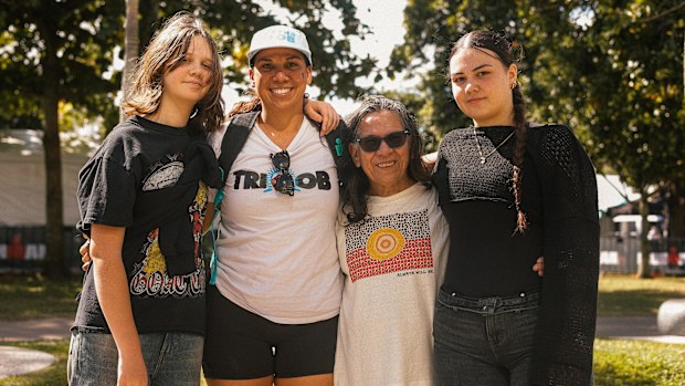 Kirsty Nichols with her daughters Ayoka and Mali and her mother ahead of IRONMAN Cairns. 