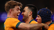 Tom Wright of the Wallabies celebrates with Andrew Kellaway after scoring a try.