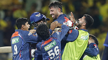 Lucknow Super Giants' team members lift Marcus Stoinis as they celebrate their win in the Indian Premier League over the Chennai Super Kings.