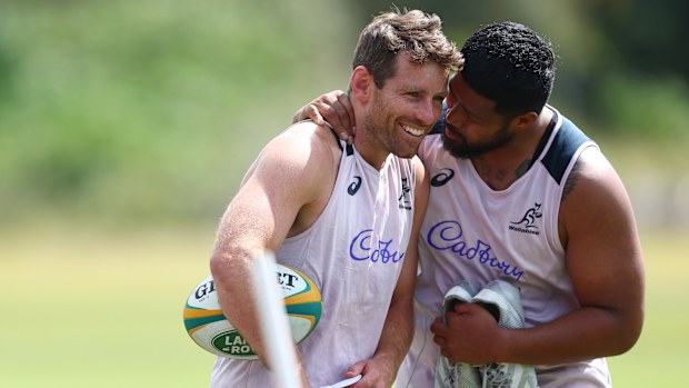 Bernard Foley and Folau Fainga'a during a Wallabies training session at Sanctuary Cove.