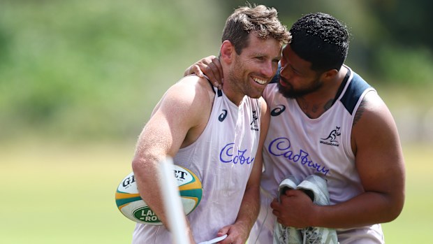 Bernard Foley and Folau Fainga'a during a Wallabies training session at Sanctuary Cove.
