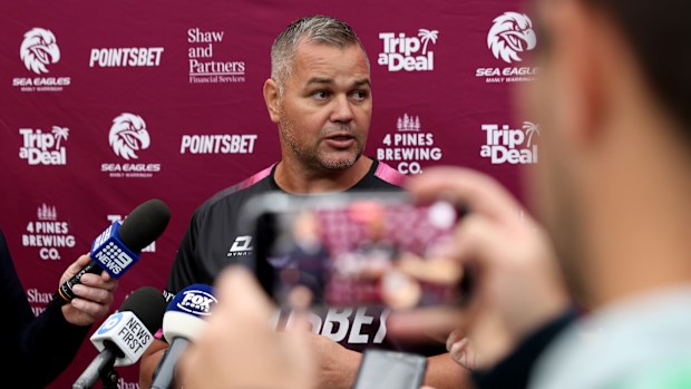 Manly coach Anthony Seibold speaks to media.