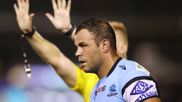 Wade Graham of the Sharks looks dejected after being sent off for ten minutes during the round one NRL match between Cronulla Sharks and South Sydney Rabbitohs at BlueBet Stadium on March 04, 2023 in Cronulla, Australia. (Photo by Mark Kolbe/Getty Images)