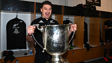 Beauden Barrett of the All Blacks celebrates with the Bledisloe Cup.