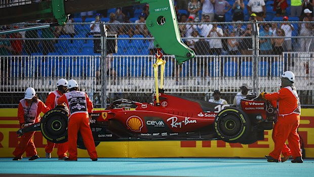 The car of Charles Leclerc of Monaco and Ferrari is recovered from the circuit after a crash during practice ahead of the F1 Grand Prix of Miami at Miami International Autodrome on May 05, 2023 in Miami, Florida. (Photo by Jared C. Tilton/Getty Images)