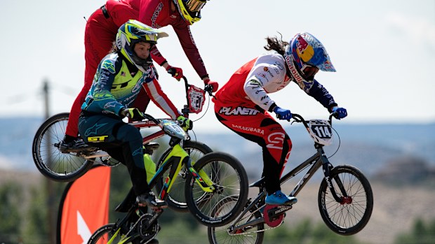 Australia's Saya Sakakibara (left) ready to fly off a jump.