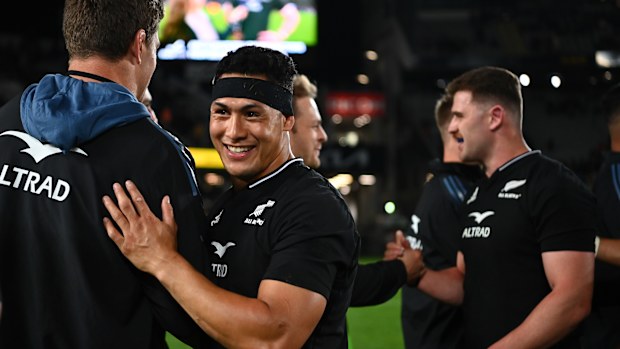 Roger Tuivasa-Sheck of the All Blacks celebrates victory at Eden Park.