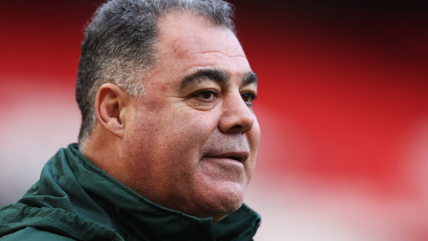 MANCHESTER, ENGLAND - NOVEMBER 18: Mal Meninga, Head Coach of Australia during the Australia Captain's Run ahead of the Rugby League World Cup Final against Samoa at Old Trafford on November 18, 2022 in Manchester, England. (Photo by Matthew Lewis/Getty Images for RLWC)
