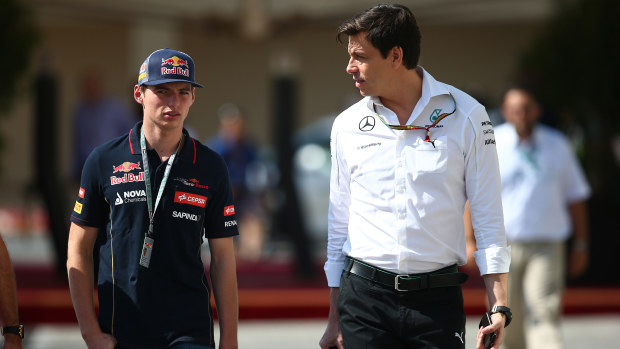Max Verstappen (left) and Toto Wolff pictured in 2014 at the Abu Dhabi Grand Prix.