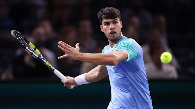 Carlos Alcaraz of Spain plays a forehand against Nicolas Jarry of Chile in their Men's Singles Round of 32 match during day two of the Rolex Paris Masters 2024 on October 29, 2024 in Paris, France. (Photo by Julian Finney/Getty Images)