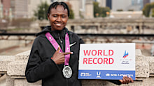 Ruth Chepngetich of Kenya pictured after annihilating the women's marathon world record in the 2025 Chicago Marathon. She's since been found guilty of doping.
