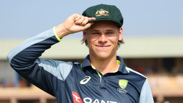 Cooper Connolly after receiving his baggy green in Sri Lanka.