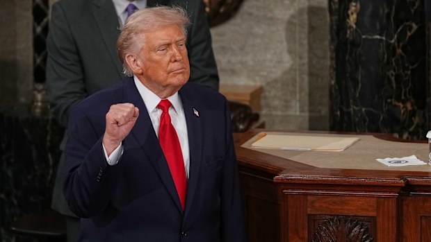 President Donald Trump gestures after delivering the State of the Union address to a joint session of Congress in the House chamber at the US Capitol in Washington on Tuesday, February 24.