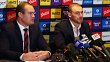 MELBOURNE, AUSTRALIA - AUGUST 05: Melbourne president, Brad Green and former Head Coach, Simon Goodwin speak to media during a Melbourne Demons AFL media opportunity at the Melbourne Cricket Ground on August 05, 2025 in Melbourne, Australia. (Photo by Morgan Hancock/Getty Images)