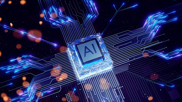 Computer chip labeled "AI" on a circuit board. The scene is illuminated with a cool blue glow, highlighting various circuit pathways and components surrounding the chip. It visually represents the concept of artificial intelligence technology embedded within hardware, suggesting advanced computing power and digital innovation.