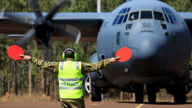 An Air Force C-130J Hercules aircraft arrives at RAAF Base Scherger, in Queensland during Exercise Talisman Sabre 2021.