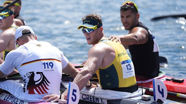 Australia's Tom Green waits for results after competing with Jean van der Westhuyzen in the men's kayak double 500-metre finals