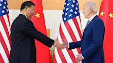 US President Joe Biden, right, shakes hands with Chinese President Xi Jinping before their meeting on the sidelines of the G20 summit, Monday, November 14, 2022, in Nusa Dua, Bali, Indonesia. (AP Photo/Alex Brandon)