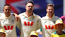 PERTH, AUSTRALIA - NOVEMBER 21: Usman Khawaja, Travis Head and Steve Smith of Australia sing the national anthem during day one of the First 2025/26 Ashes Series Test Match between Australia and England at Perth Stadium on November 21, 2025 in Perth, Australia. (Photo by Paul Kane - CA/Cricket Australia via Getty Images)