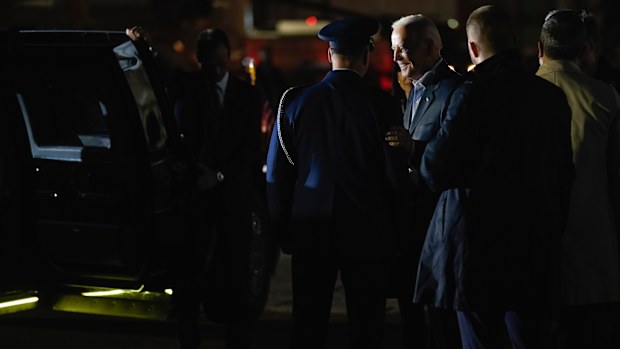 President Joe Biden arrives at Warsaw Chopin Airport, Friday, March 25, 2022, in Warsaw. (AP Photo/Evan Vucci)