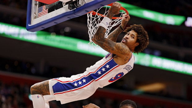 Kelly Oubre dunks the ball during the Philadelphia 76ers' game against the Detroit Pistons.
