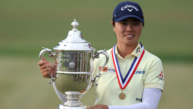 Yuka Saso of Japan poses for a photograph with the Harton S. Semple trophy following the final round of the U.S. Women's Open Presented by Ally at Lancaster Country Club on June 02, 2024 in Lancaster, Pennsylvania. (Photo by Patrick Smith/Getty Images)