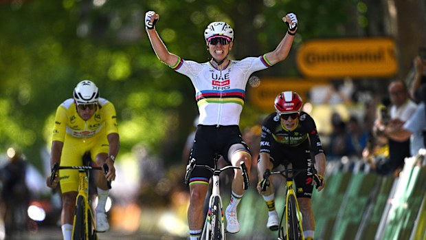 Tadej Pogacar celebrates at finish line as stage winner ahead of Mathieu Van Der Poel and Jonas Vingegaard.