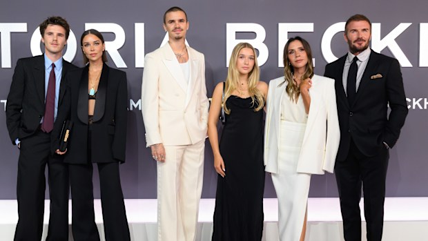 Cruz Beckham, Jackie Apostel, Romeo Beckham, Harper Beckham, Victoria Beckham and David Beckham attend the "Victoria Beckham" World Premiere at the Curzon Mayfair on October 08, 2025 in London, England
