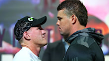 Paul Gallen and Darcy Lussick face off during a press conference ahead of their fight on December 22.
