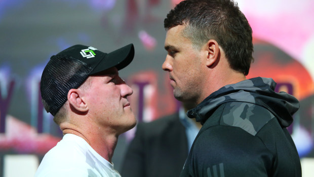 Paul Gallen and Darcy Lussick face off during a press conference ahead of their fight on December 22.