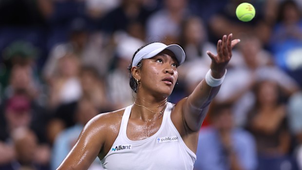 NEW YORK, NEW YORK - AUGUST 24: Destanee Aiava of Australia serves against Jasmine Paolini of Italy during their Women's Singles First Round match on Day One of the 2025 US Open at USTA Billie Jean King National Tennis Center on August 24, 2025 in the Flushing neighborhood of the Queens borough of New York City. (Photo by Matthew Stockman/Getty Images)