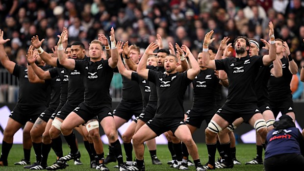 New Zealand perform a haka during The Rugby Championship & Bledisloe Cup match between the All Blacks and Wallabies at Forsyth Barr Stadium.