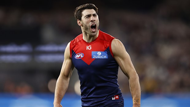 MELBOURNE, AUSTRALIA - JULY 14: Christian Petracca of the Demons celebrates a goal  during the round 18 AFL match between Melbourne Demons and Brisbane Lions at Melbourne Cricket Ground, on July 14, 2023, in Melbourne, Australia. (Photo by Darrian Traynor/Getty Images)