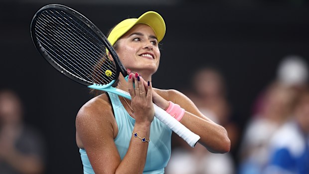 Arina Rodionova of Australia celebrates winning her match against Sofia Kenin at the Brisbane International.