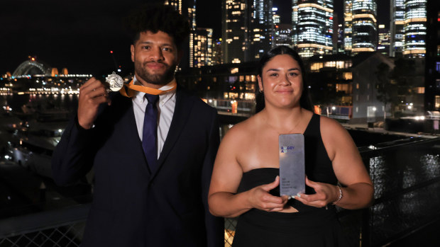 Rob Valetini, John Eales Medalist winner and Eva Karpani, Buildcorp Wallaroos Player of the Year winner pose and  for a photo during the 2023 Rugby Australia Awards at Doltone House on February 07, 2024 in Sydney, Australia. (Photo by Mark Evans/Getty Images for Getty Images)