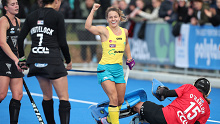 PALMERSTON NORTH, NEW ZEALAND - MAY 30: Rosie Malone of Australia celebrates scoring a goal during the Trans-Tasman Series Hockey Match between New Zealand and Australia on May 30, 2021 in Palmerston North, New Zealand. (Photo by Dave Rowland/Getty Images)