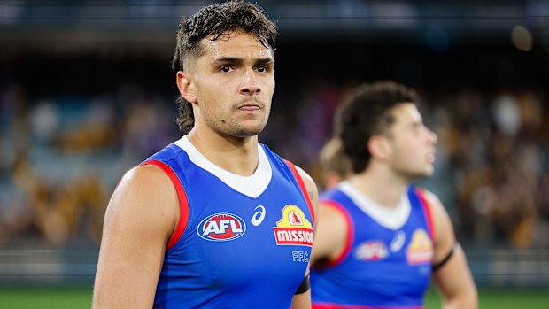 Jamarra Ugle-Hagan of the Bulldogs looks dejected after their 2024 elimination final loss to Hawthorn.