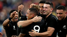 PARIS, FRANCE - OCTOBER 20: Aaron Smith of New Zealand celebrates with teammates after scoring his team's fourth try during the Rugby World Cup France 2023 semi-final match between Argentina and New Zealand at Stade de France on October 20, 2023 in Paris, France. (Photo by Cameron Spencer/Getty Images)